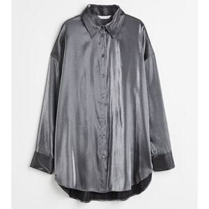 H&M Womens Metallic Shimmer Button Up Blouse Small Silver Glam Quiet Luxury